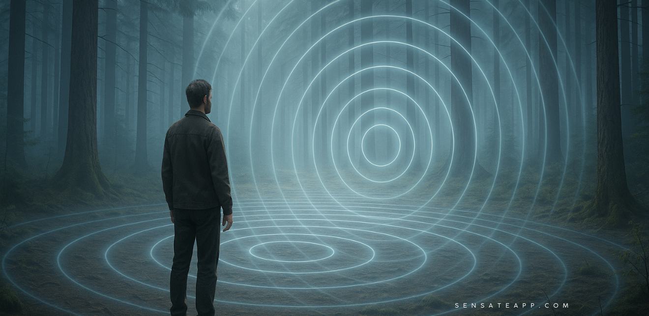 Illustration of infrasonic waves radiating as subtle ripples across a forest landscape, symbolizing low-frequency sound energy and its unseen effects