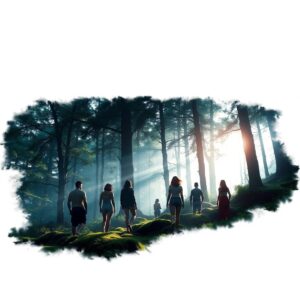 A group of people practicing tranquil forest bathing