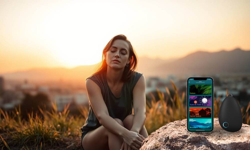 Woman Woman using a wearable stress relief breathing technique outdoors at dusk