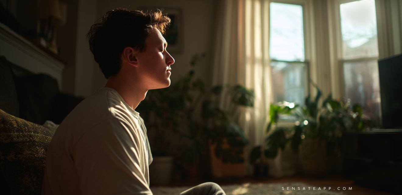 Person sitting in a calm room practicing belly breathing for vagus nerve stimulation