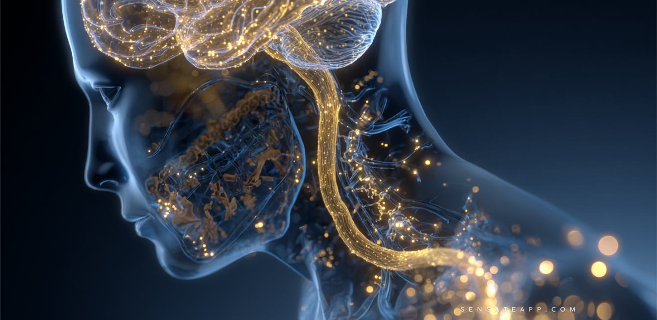 Illustration of the gut-brain axis with vagus nerve signaling, showing gut microbiome, brain connection, and fermented probiotic foods